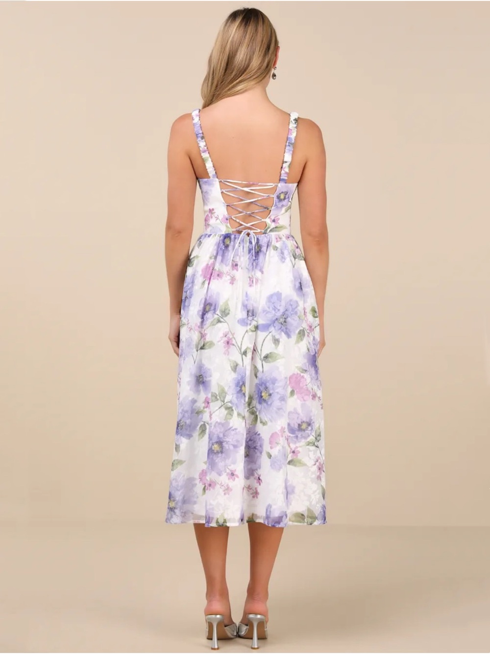 Lulus Hillela Ivory Floral Ruffled Lace-Up Midi Skater Dress - Picture 2 of 9